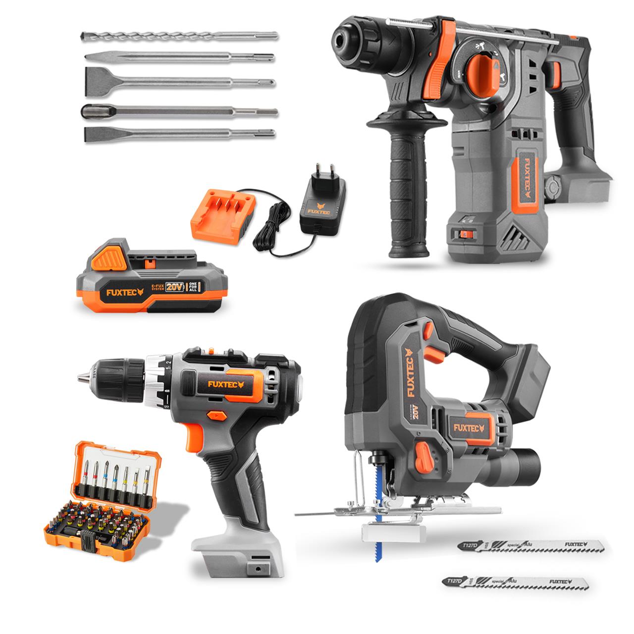 20V akumulátorový balík PowerTool s príklepovou pílou, akumulátorovým skrutkovacom a vrtacím kladivom