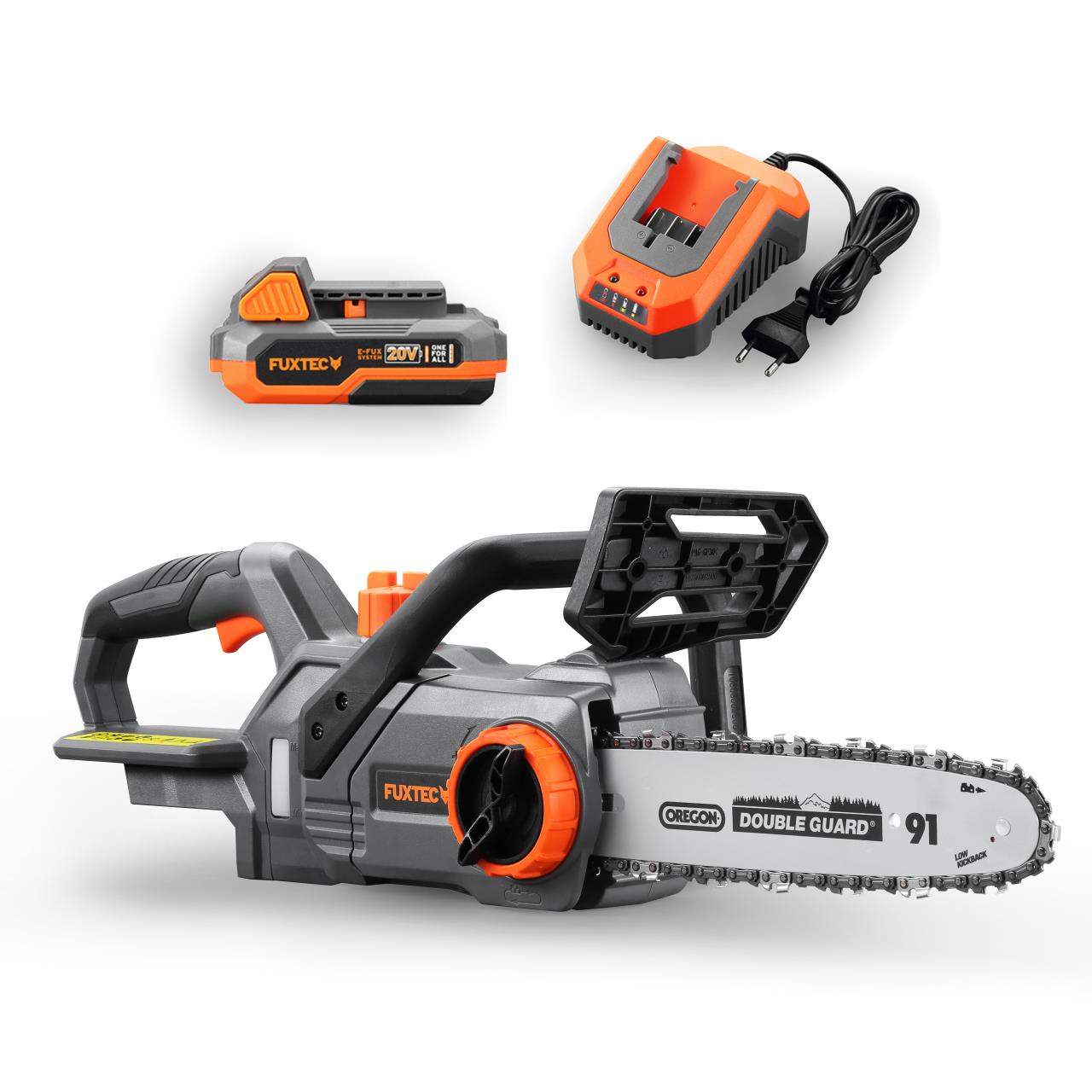 Akumulátorová retazová píla FUXTEC 20V FX-E1KS20 SET 2 s 1 x batériou 2Ah, 1 x nabíjackou 2,4A