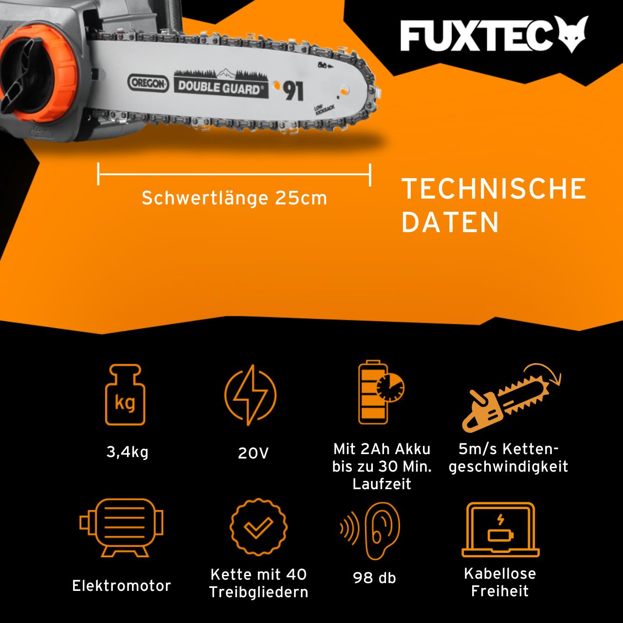 Akumulátorová retezová pila FUXTEC 20V FX-E1KS20 bez akumulátoru, bez nabíjecky