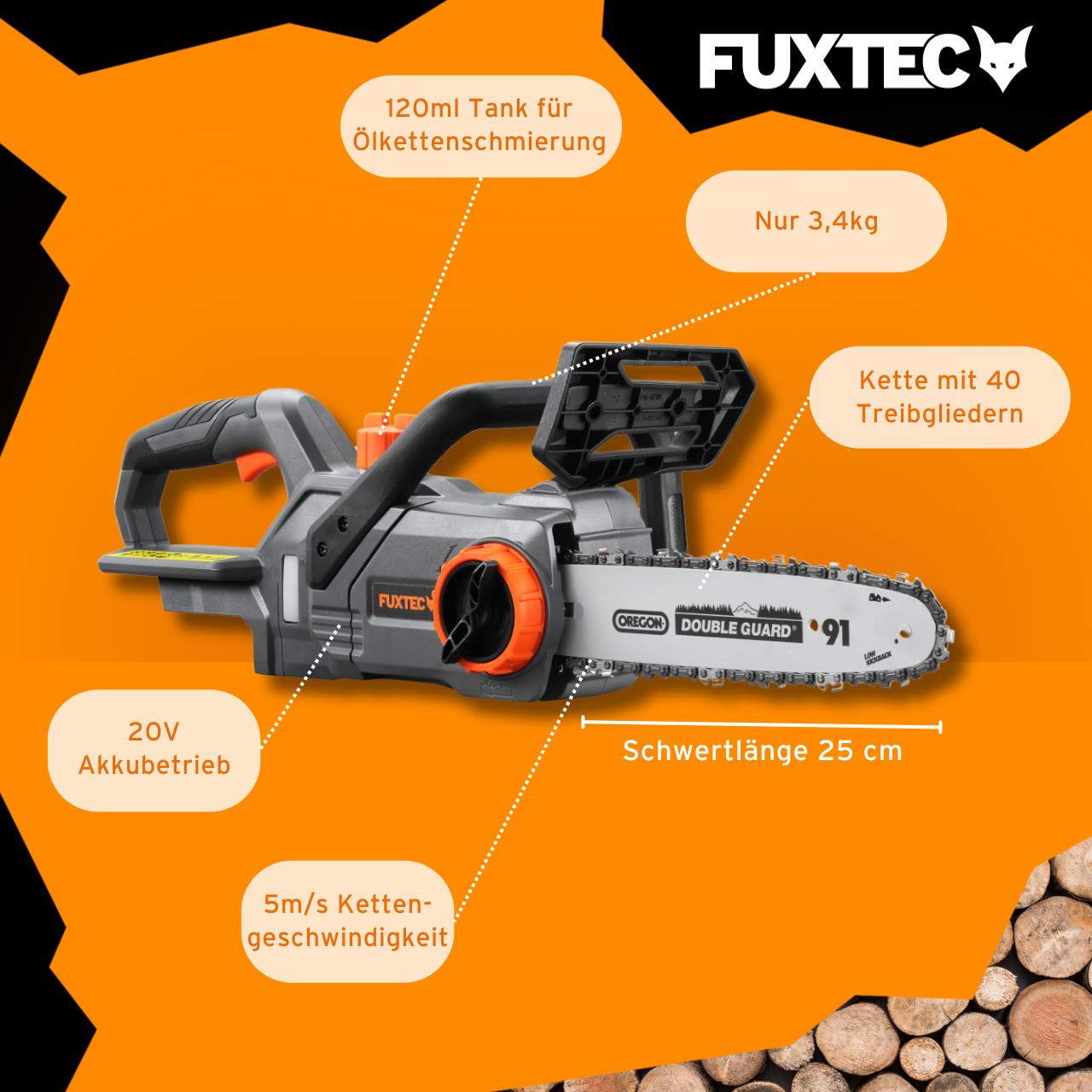 Akumulátorová retezová pila FUXTEC 20V FX-E1KS20 bez akumulátoru, bez nabíjecky