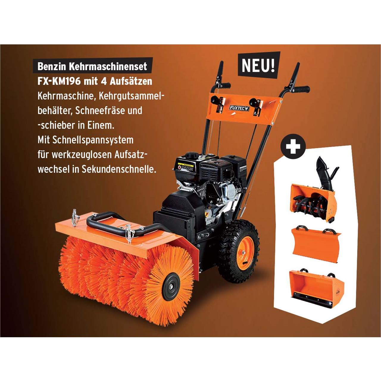 Benzínový zametací stroj FUXTEC FX-KM196-SET1 s nadstavcom na snehovú frézu, snehovou lopatou a zberacom necistôt