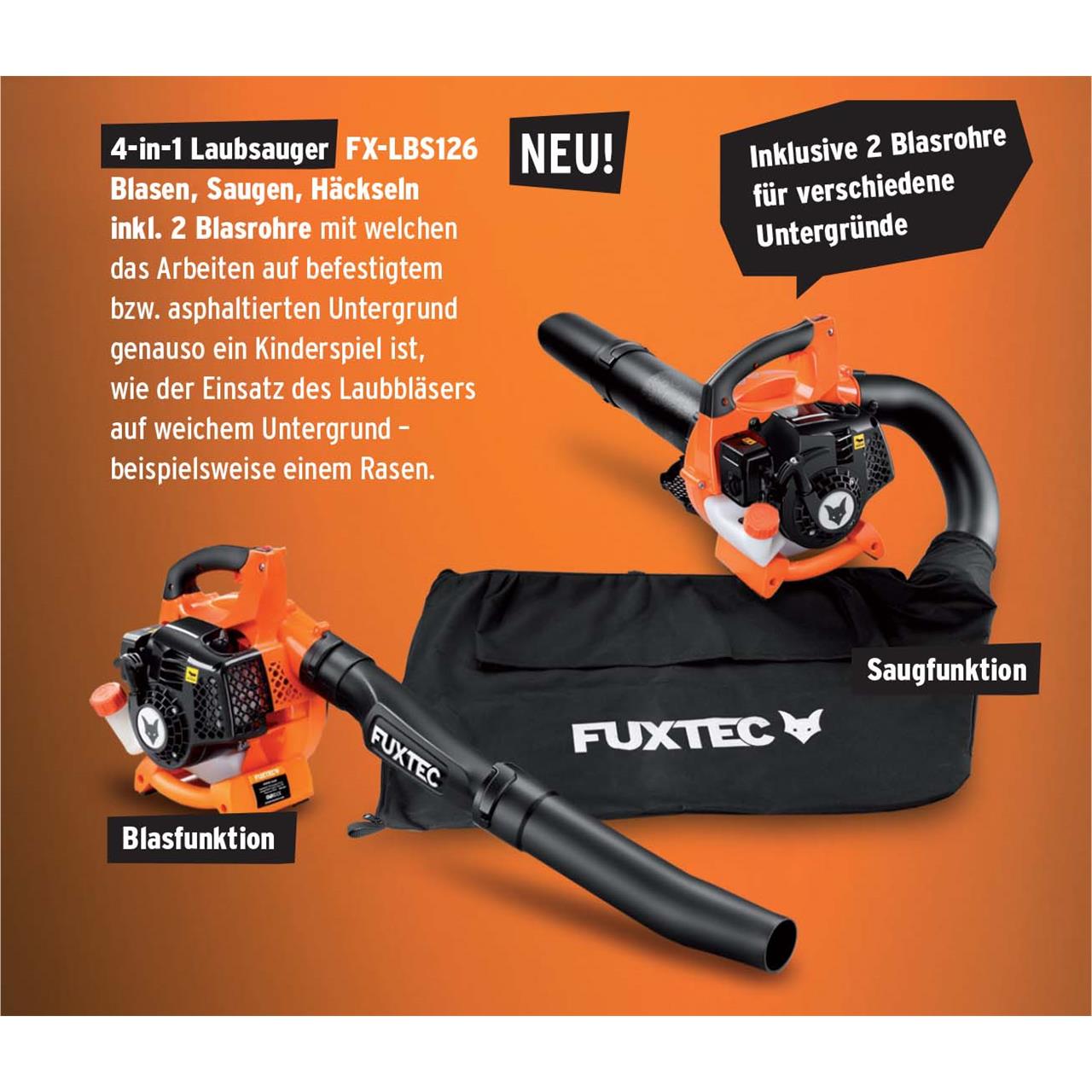 Bild 1 FUXTEC FX-LBS126 4in1 Laubsauger, Laubbläser, Laubhäcksler inkl. zwei Blasrohre