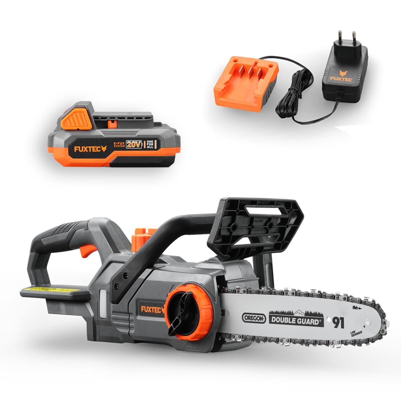 Akumulátorová retazová píla FUXTEC 20V FX-E1KS20 SET 1 s 1 x batériou 2Ah, 1 x nabíjackou 1A